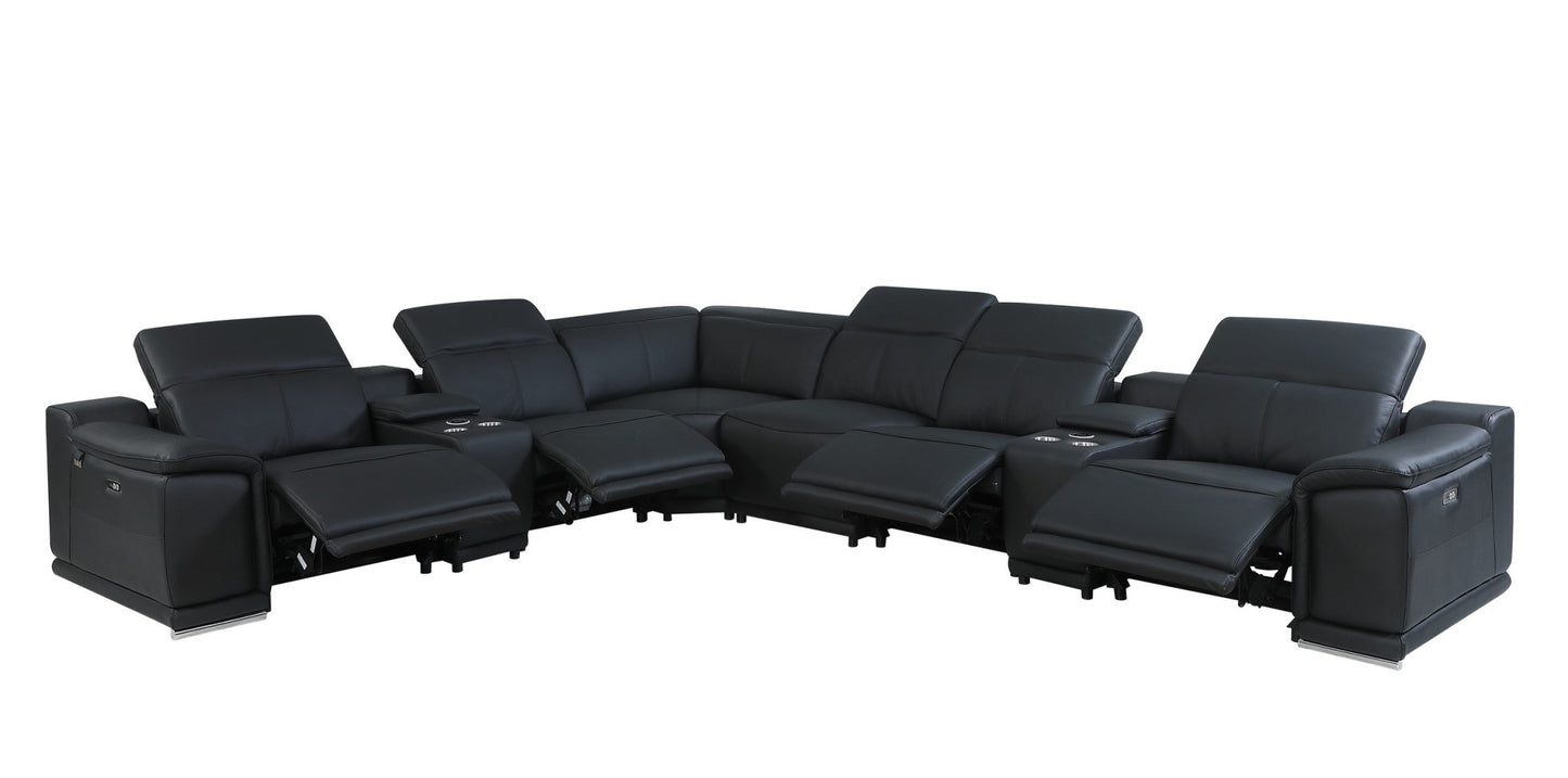 Black Italian Leather Power Reclining U Shaped Eight Piece Corner Sectional With Console-4