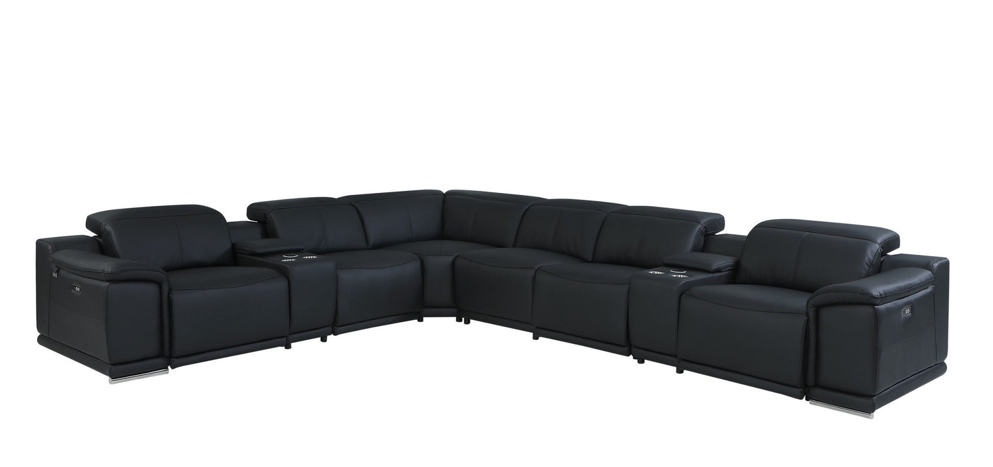 Black Italian Leather Power Reclining U Shaped Eight Piece Corner Sectional With Console-3