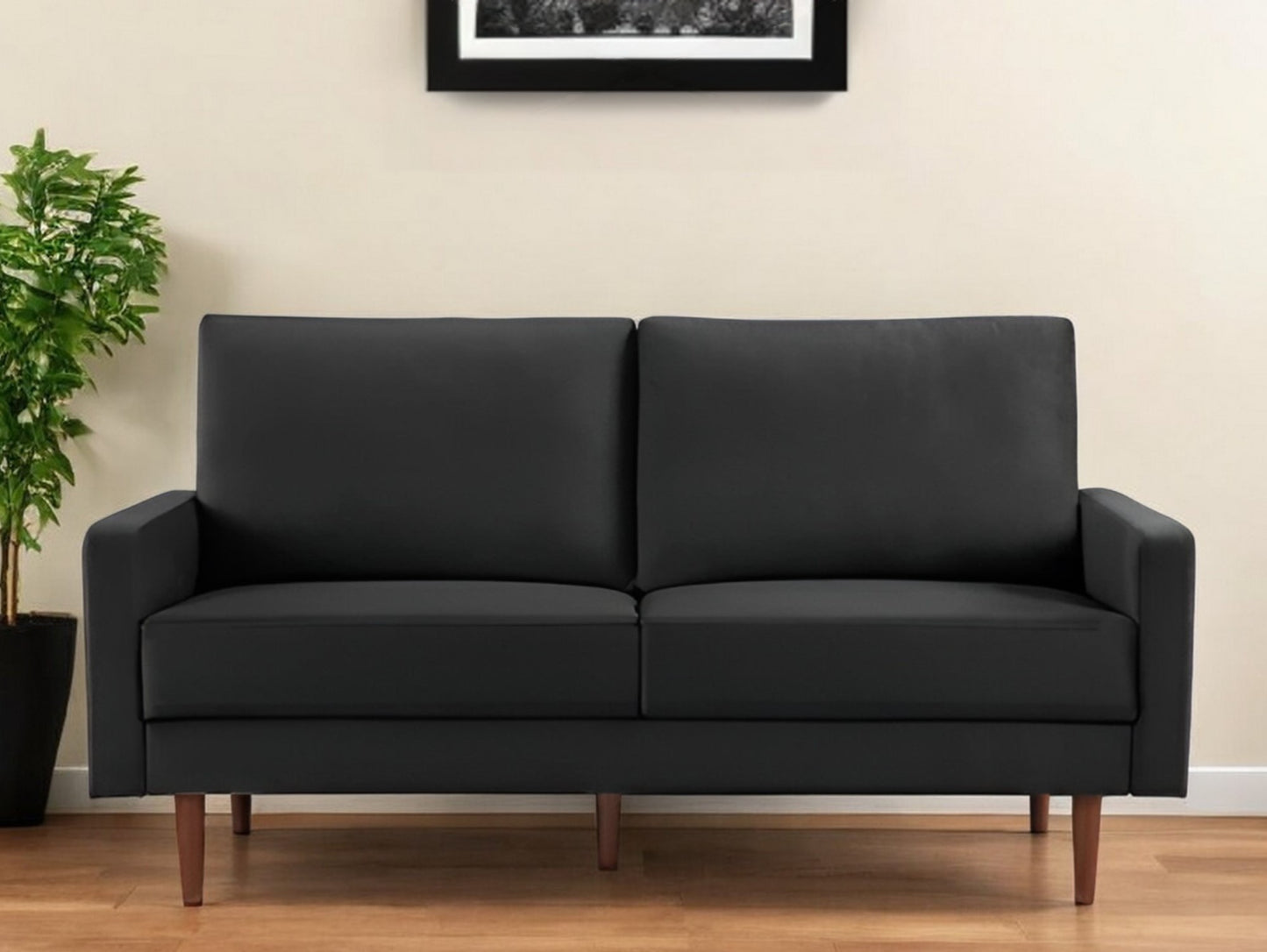 69" Black Velvet Sofa With Dark Brown Legs-0