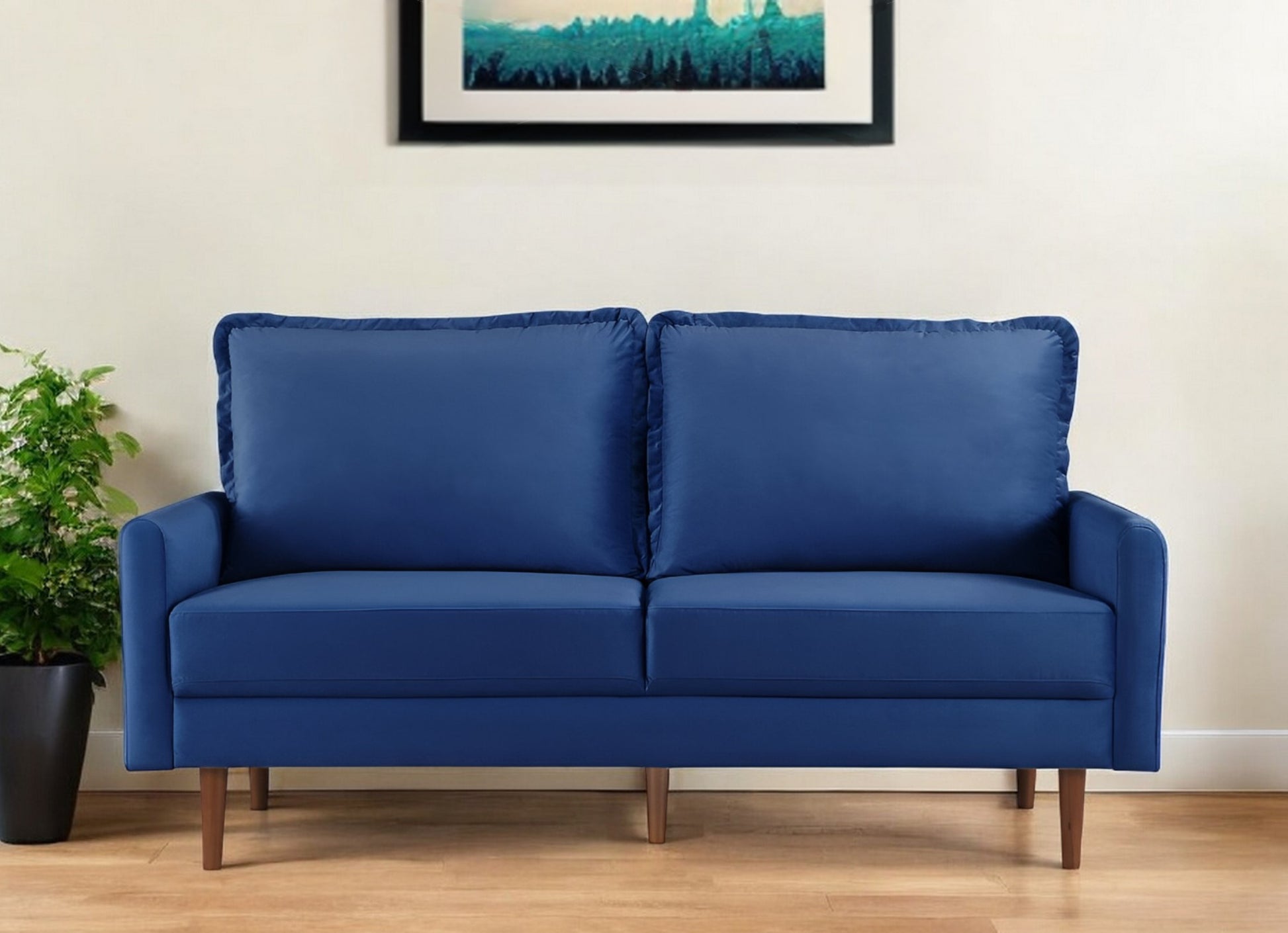 69" Blue Velvet Sofa With Dark Brown Legs-0