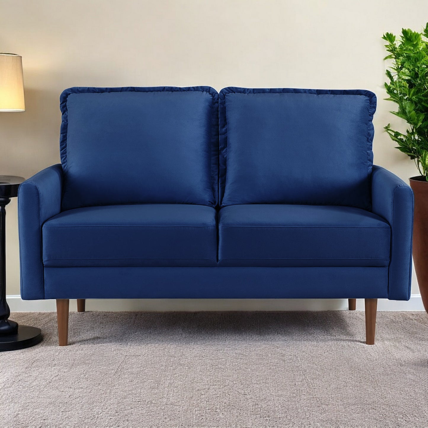 57" Blue And Dark Brown Velvet Loveseat-1