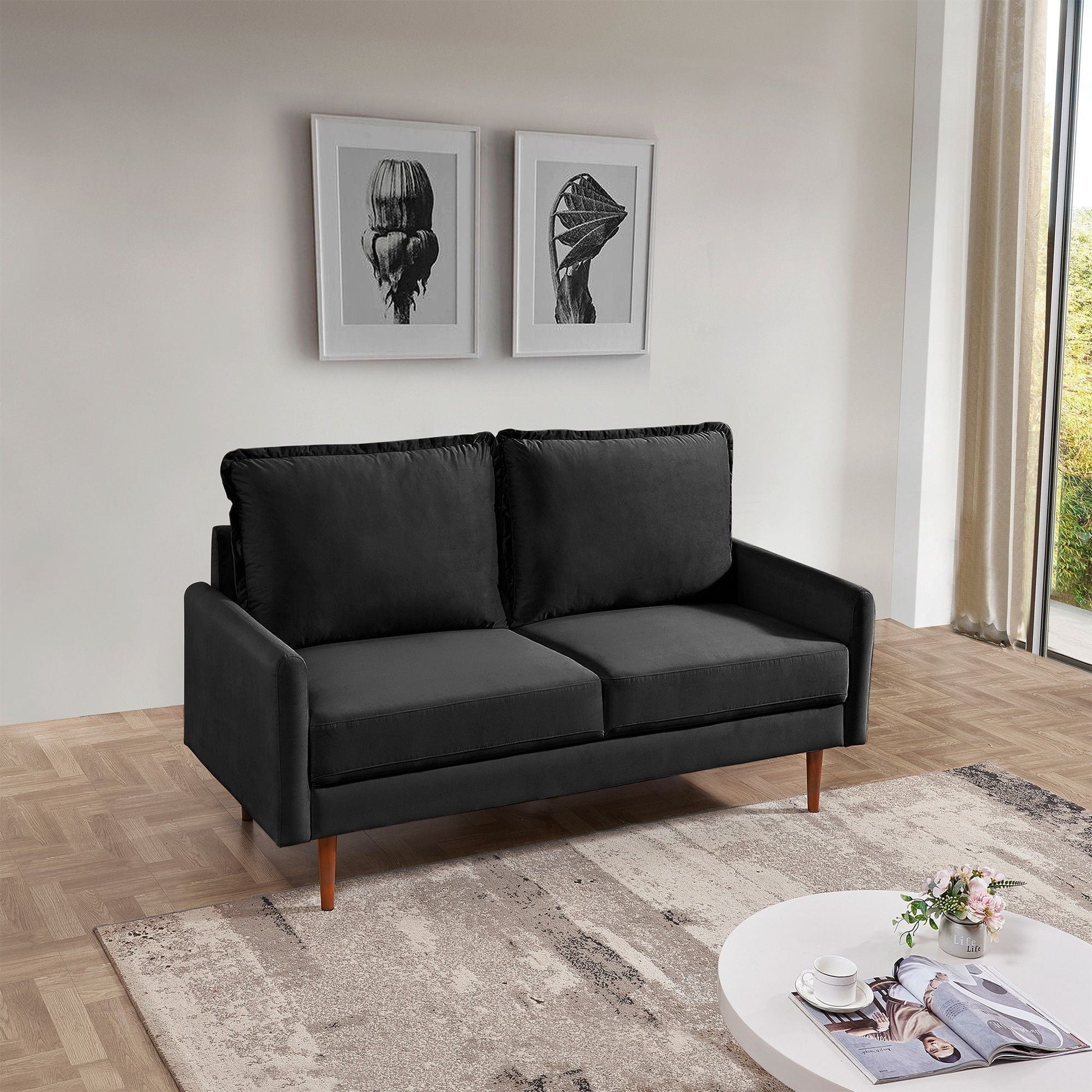 57" Black And Dark Brown Velvet Loveseat-4